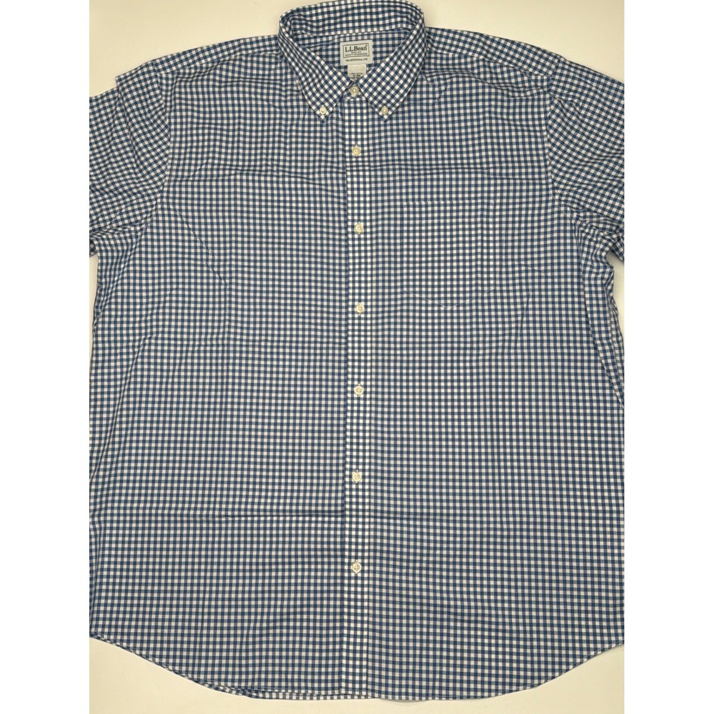 LL Bean Mens Traditional Fit Gingham Button Down Shirt Blue White XL REG